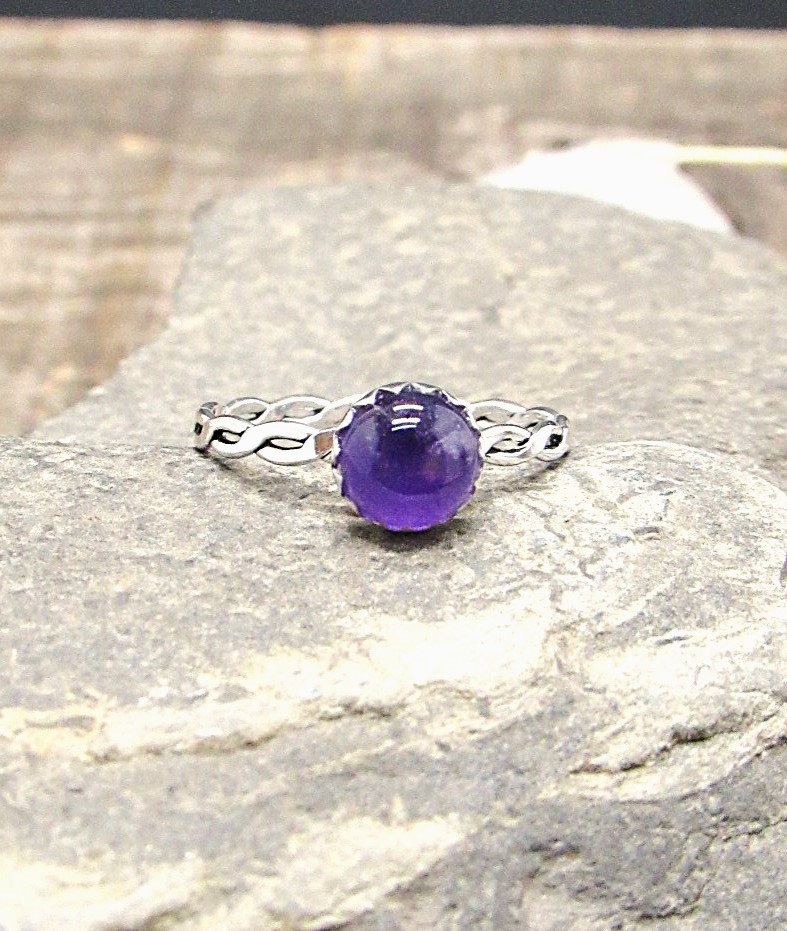 Amethyst Cabochon On Braided Sterling Silver Ring Size 6 US