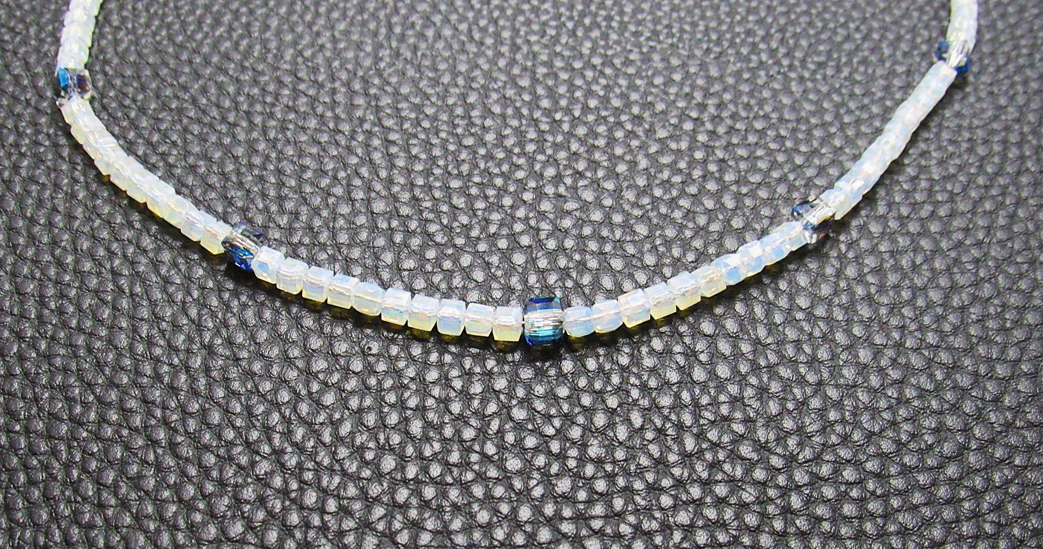 Opalite and Blue Beaded Sterling Necklace 16 Inches