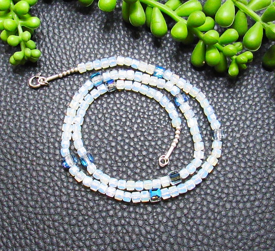Opalite and Blue Beaded Sterling Necklace 16 Inches
