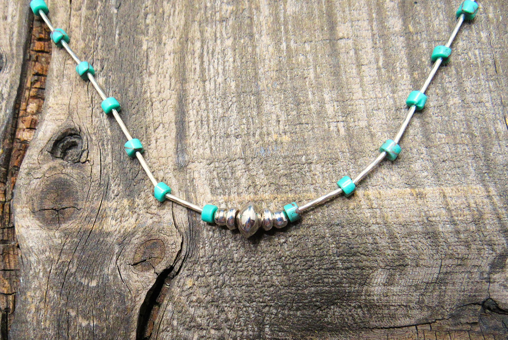 Twisted Sterling Tube Turquoise Heishi Necklace 18 Inches