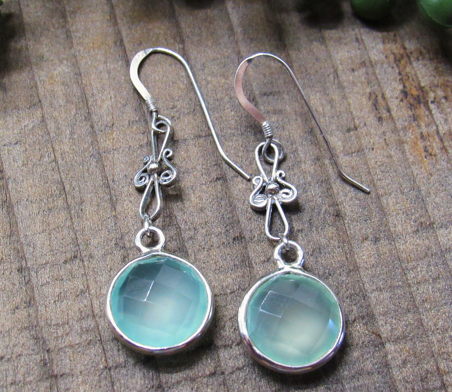 Aqua Chalcedony Faceted Round Earrings