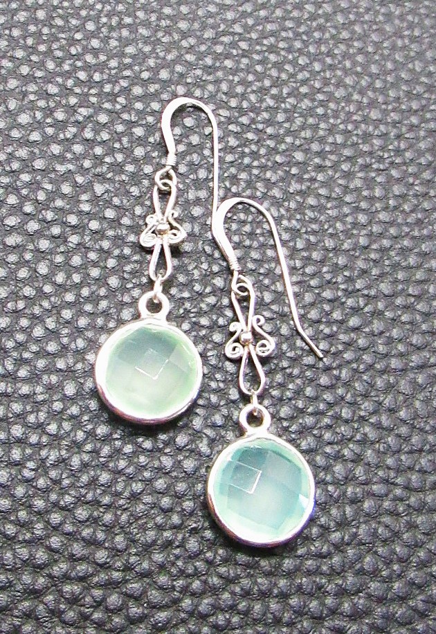 Aqua Chalcedony Faceted Round Earrings