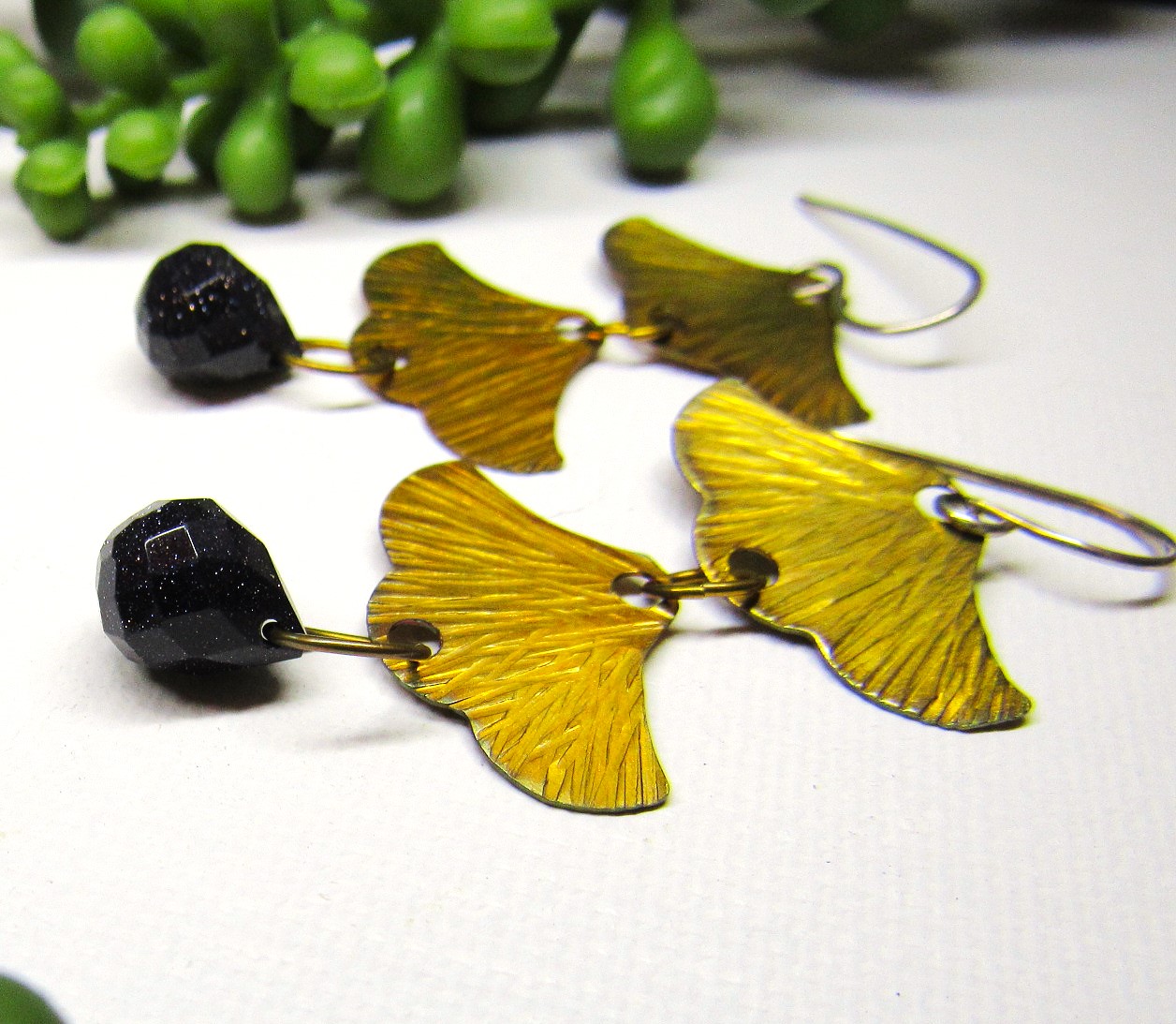 Antiqued Brass Ginkgo Leaf Earrings with Faceted Drops