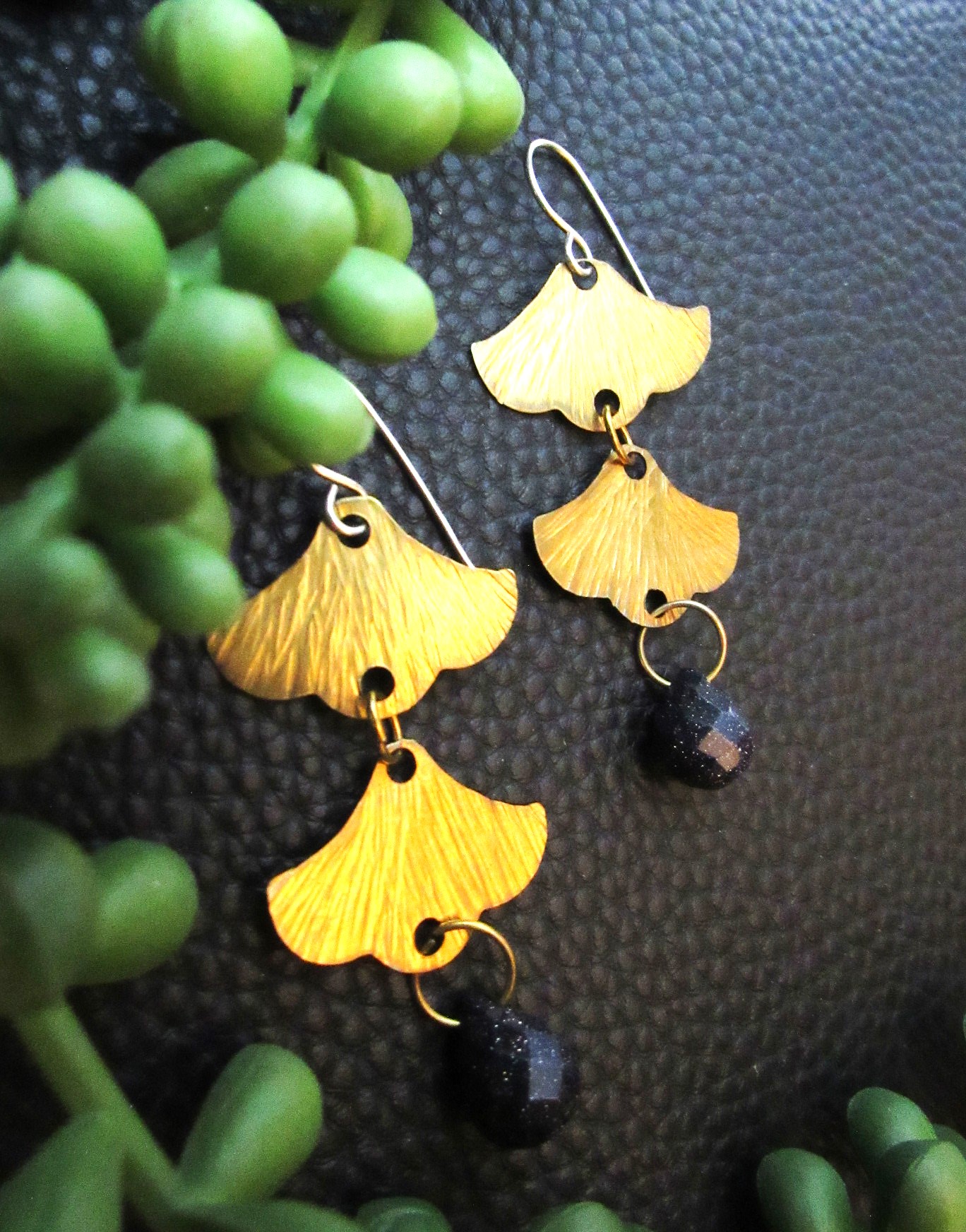 Antiqued Brass Ginkgo Leaf Earrings with Faceted Drops