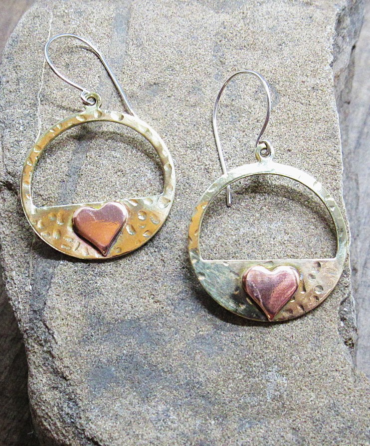 Handmade Brass and Copper Heart Earrings