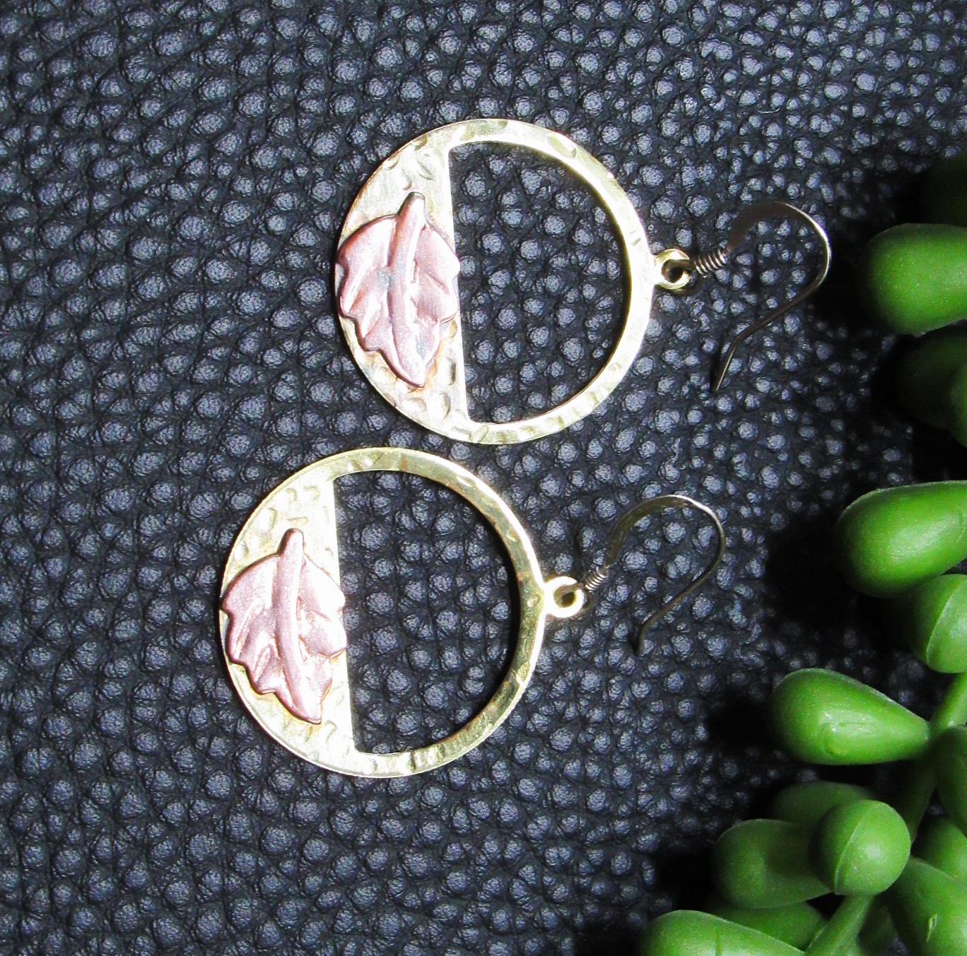 Brass and Copper Circle Leaf Earrings