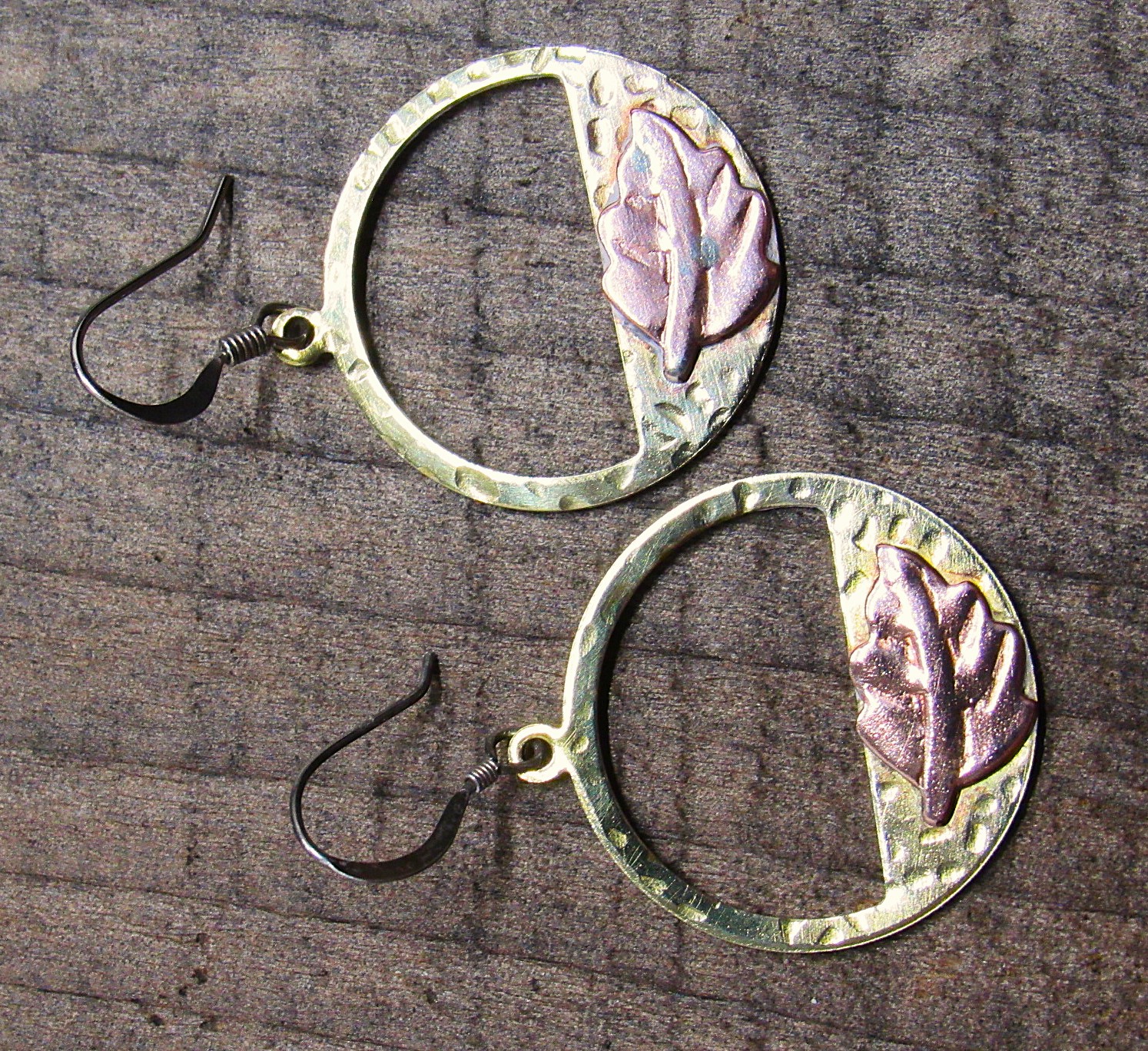 Brass and Copper Circle Leaf Earrings