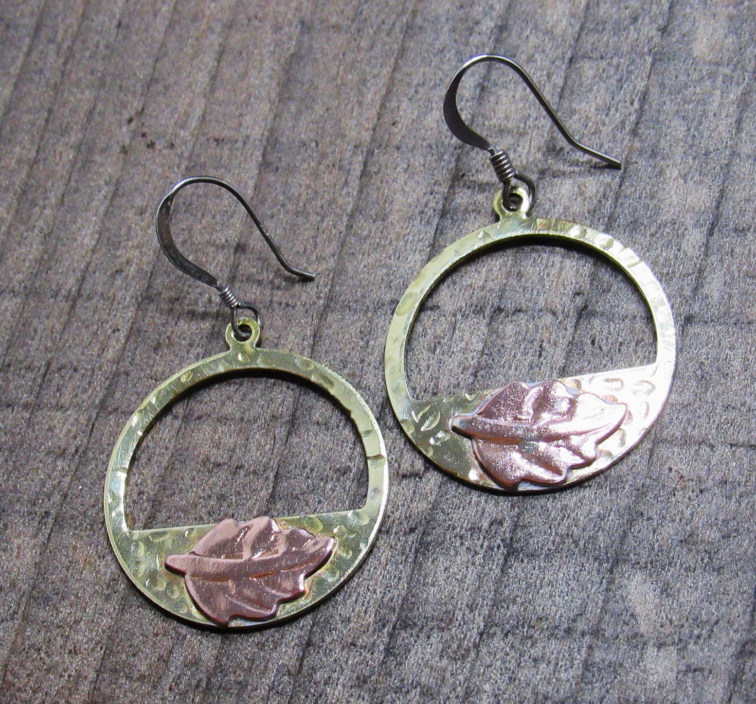 Brass and Copper Circle Leaf Earrings