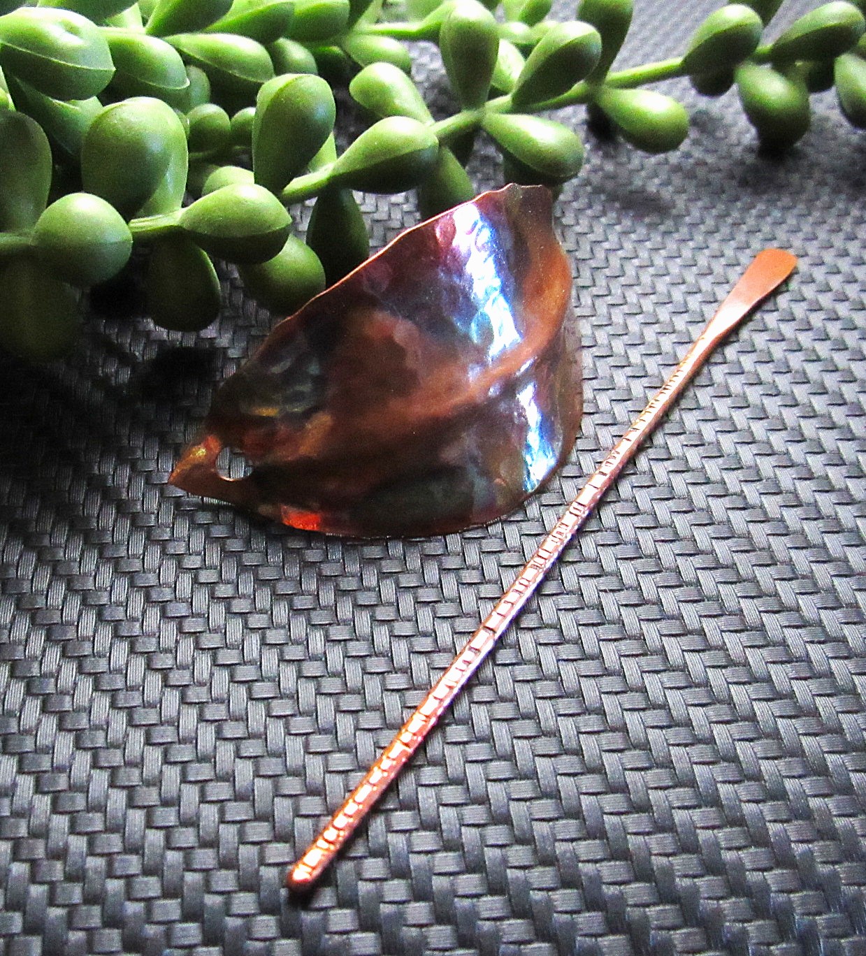 Flame Painted Multicolored Medium Copper Leaf Hair Pin