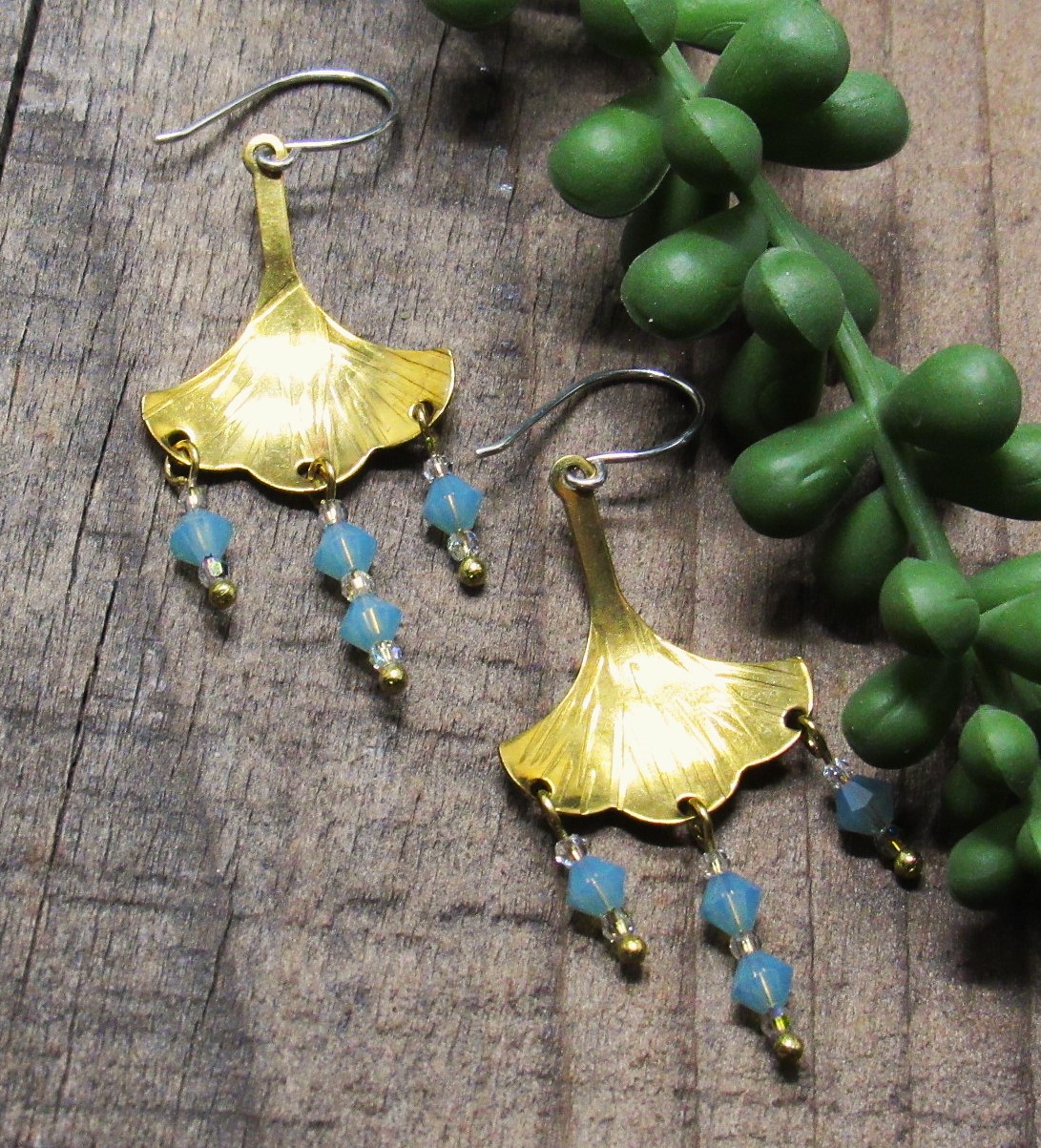 Concave Gingko Leaves with Blue Crystal Dangles Earrings