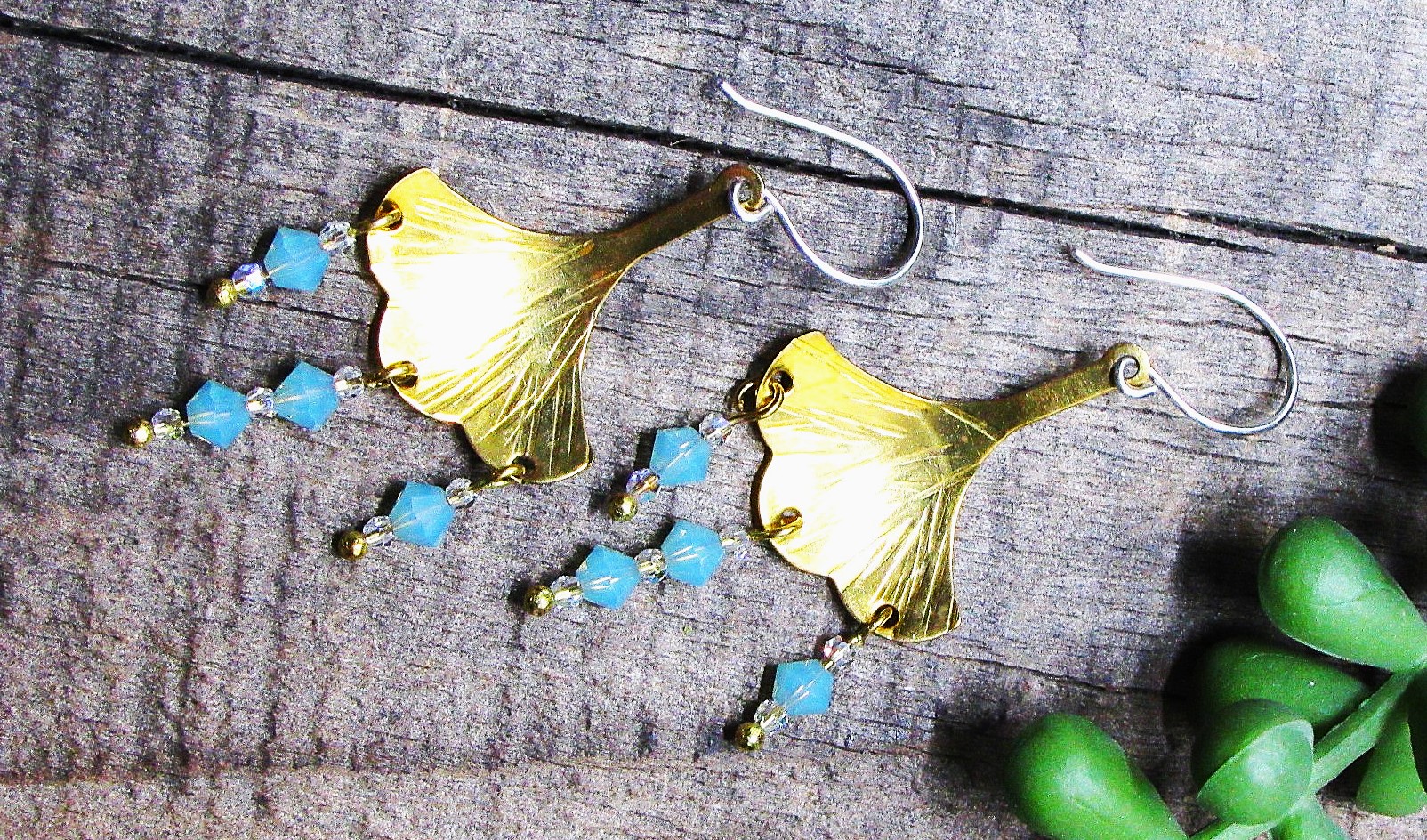 Concave Gingko Leaves with Blue Crystal Dangles Earrings