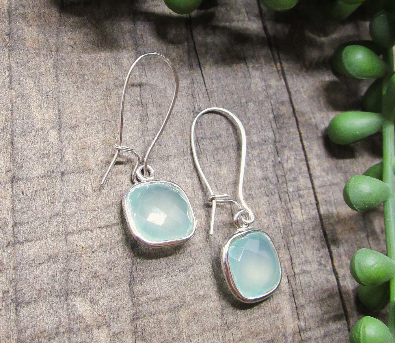Pale Green/Blue Aqua Chalcedony Kidney Wire Earrings