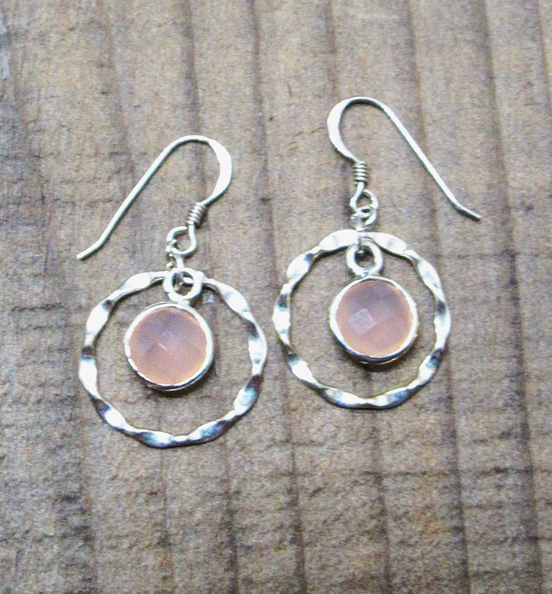 Pink Chalcedony Drops and Sterling in Circles Earrings