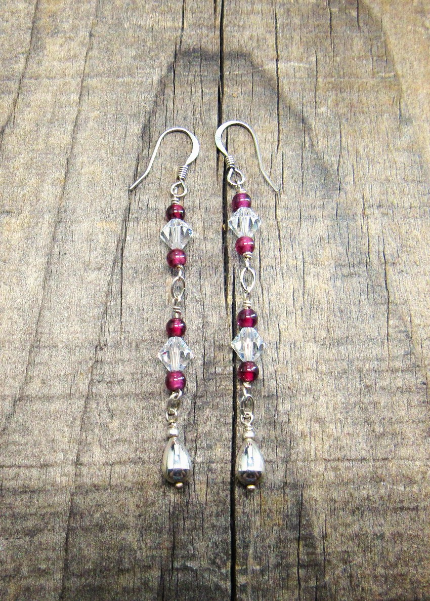 Long Garnet and Crystal Teardrop Earrings 