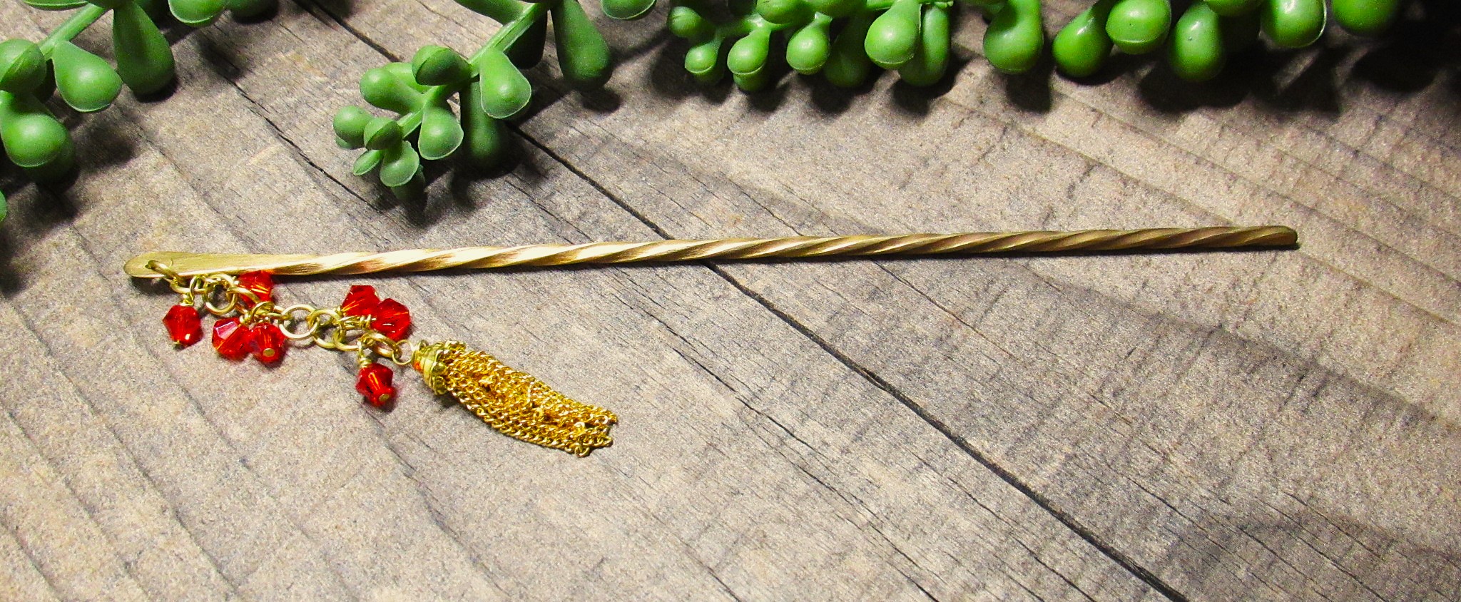 Golden Brass Hairpin with Red Crystal and Tassel