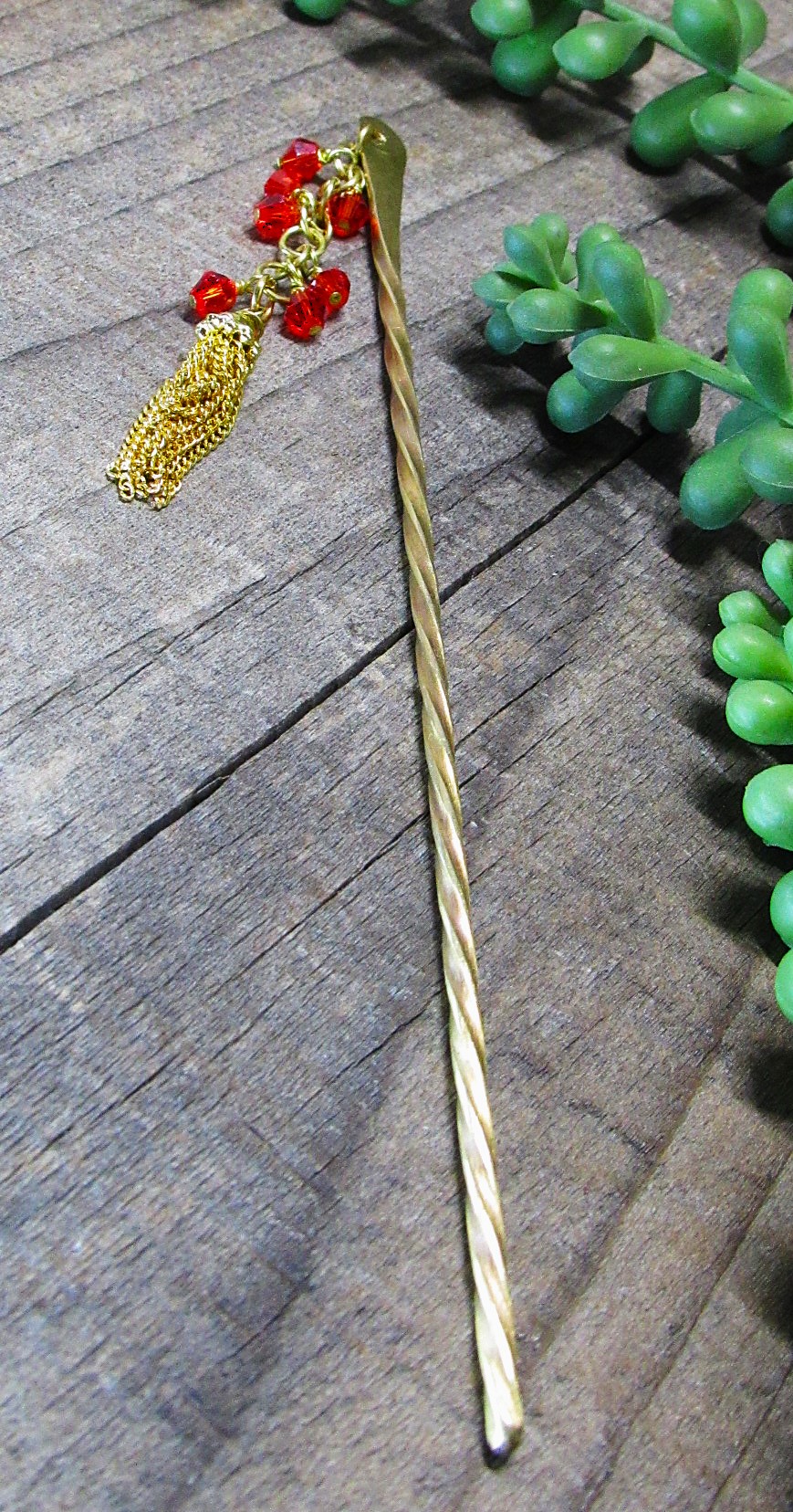 Golden Brass Hairpin with Red Crystal and Tassel
