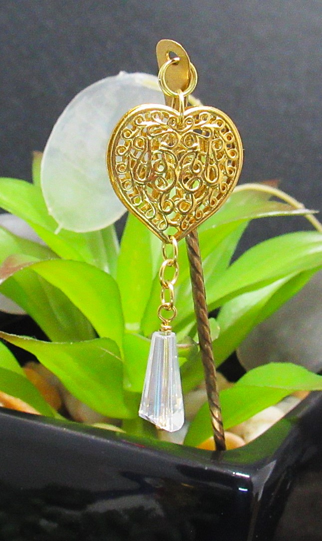 Brass Heart with Faceted Crystal Drop Hair Pin