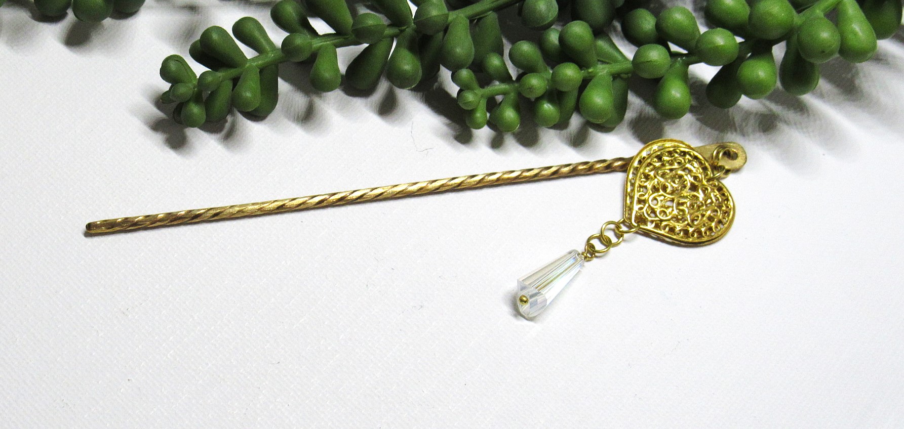 Brass Heart with Faceted Crystal Drop Hair Pin