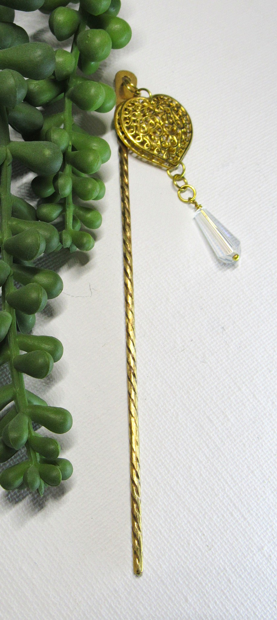 Brass Heart with Faceted Crystal Drop Hair Pin