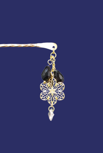 Floral Brass Hairpin with Black Teardrops
