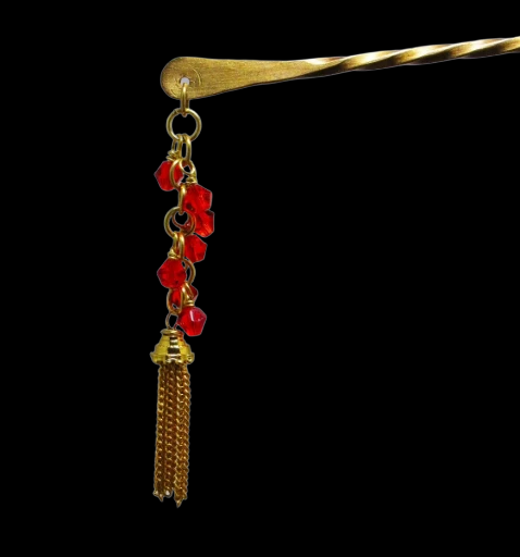 Golden Brass Hairpin with Red Crystal and Tassel