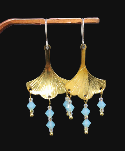Concave Gingko Leaves with Blue Crystal Dangles Earrings