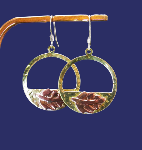 Brass and Copper Circle Leaf Earrings