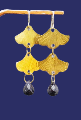 Antiqued Brass Ginkgo Leaf Earrings with Faceted Drops