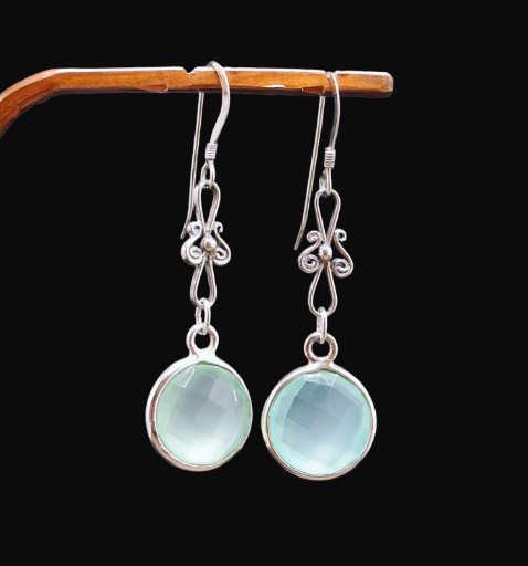 Aqua Chalcedony Faceted Round Earrings
