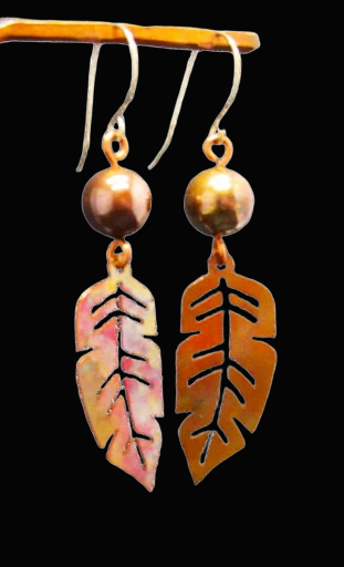  Flame Painted Copper Leaf Earrings