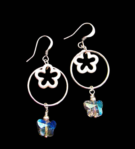 Sterling Silver Flower and Butterfly Dangle Earrings