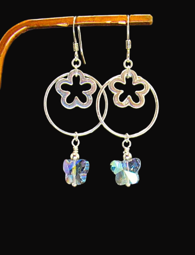  Sterling Silver Flower and Butterfly Dangle Earrings