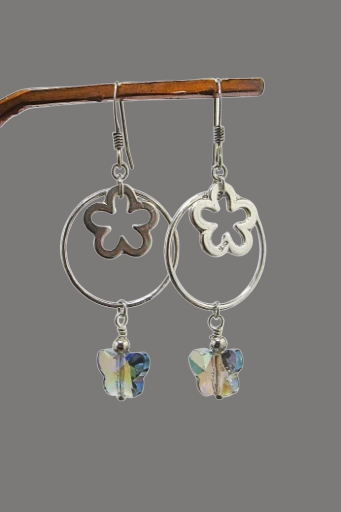  Sterling Silver Flower and Butterfly Dangle Earrings