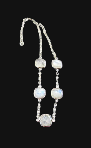  Sterling Silver Blue Flash Faceted Moonstone Necklace