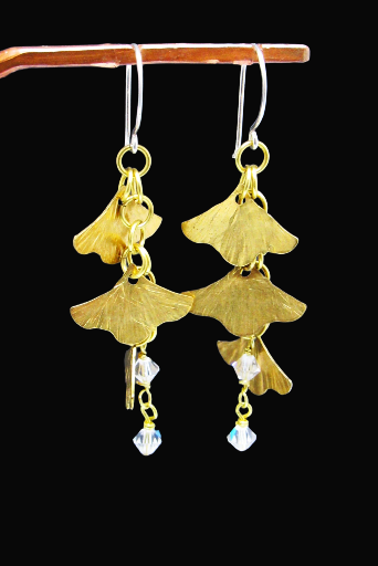 Brass and Silver Gingko Dangle Earrings