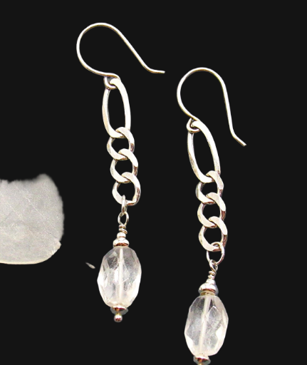Sterling Silver Earrings with Faceted White Topaz Oval Beads