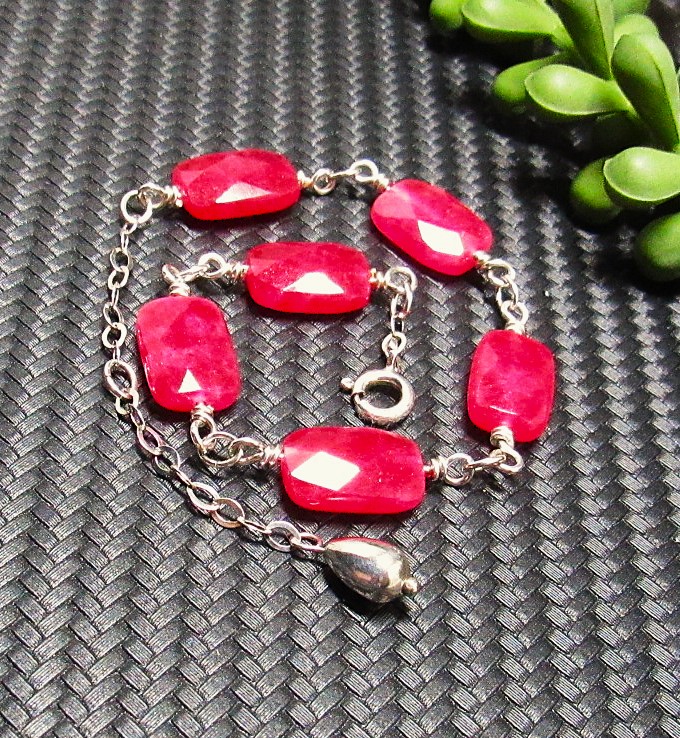 Ruby and Sterling Silver Beaded Bracelet- 7.5 + 1 Inch