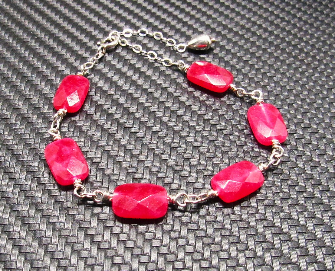 Ruby and Sterling Silver Beaded Bracelet- 7.5 + 1 Inch