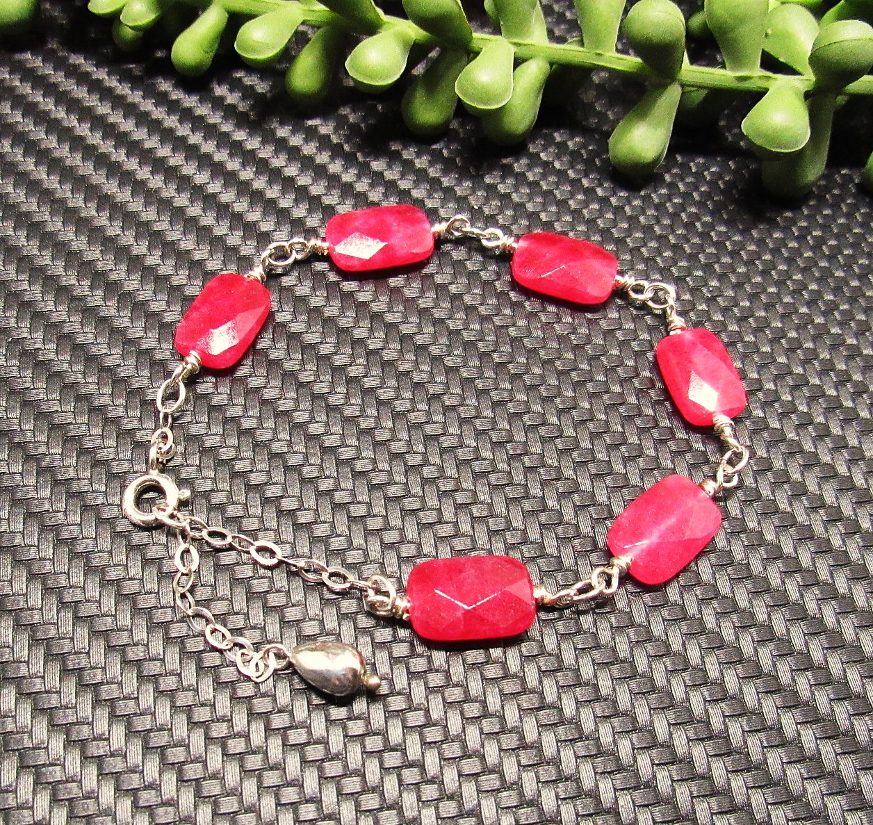 Ruby and Sterling Silver Beaded Bracelet- 7.5 + 1 Inch