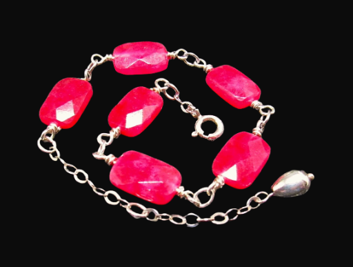 Ruby and Sterling Silver Beaded Bracelet- 7.5 + 1 Inch
