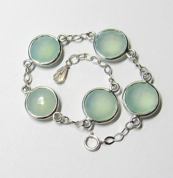Aqua Chalcedony Round Faceted Gemstones Bracelet- 7.5 Inches