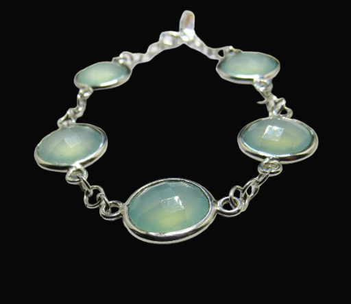 Aqua Chalcedony Round Faceted Gemstones Bracelet- 7.5 Inches