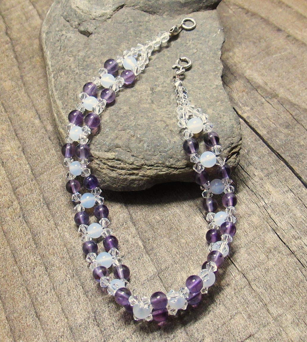 Amethyst, Moonstone and Crystal Woven Bracelet-8.5 Inches
