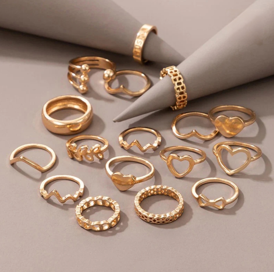 Gold-Plated Fashion Rings Set ( pack of 17)