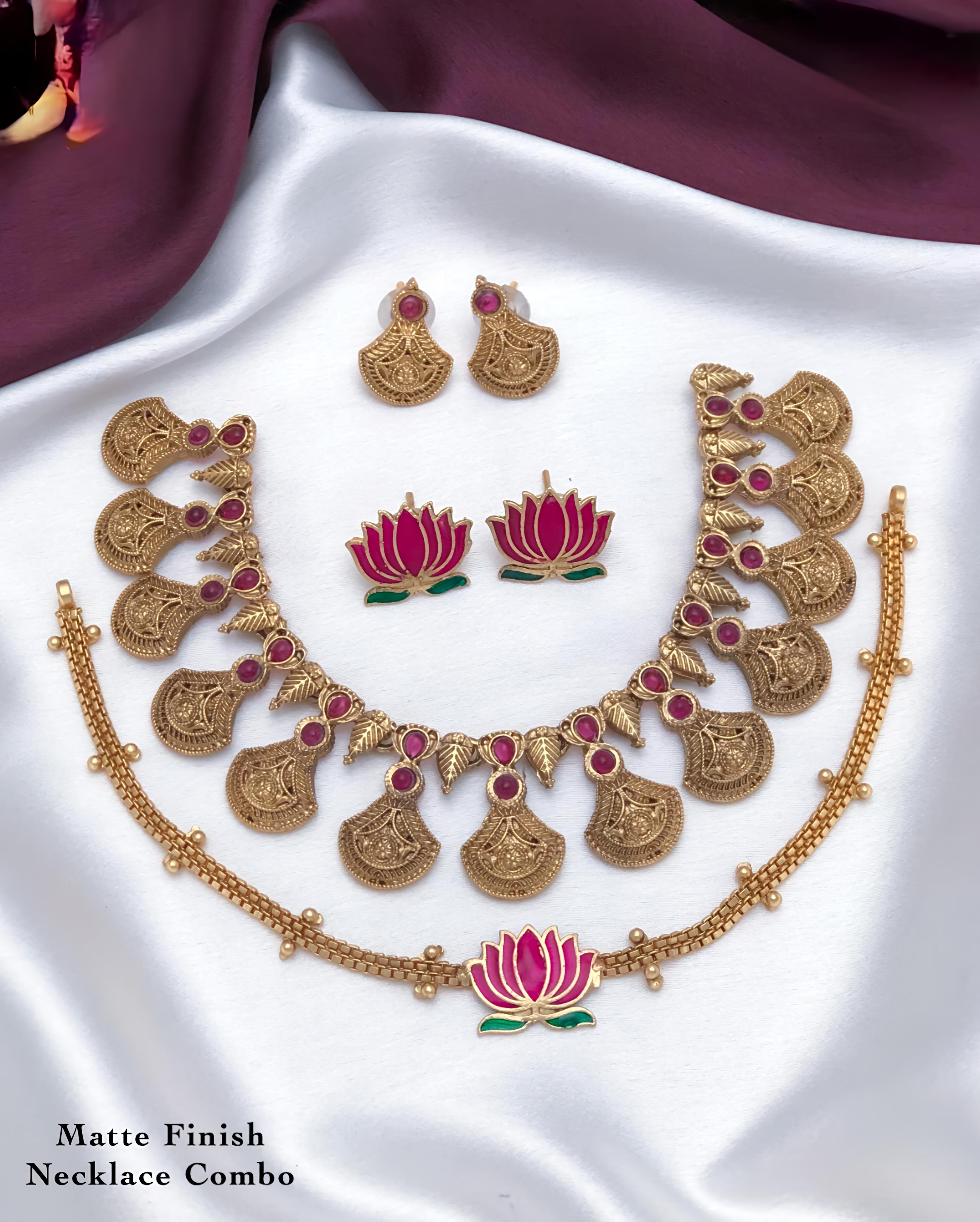 Antique Lotus and Lakshmi Necklace Combo matte finish 