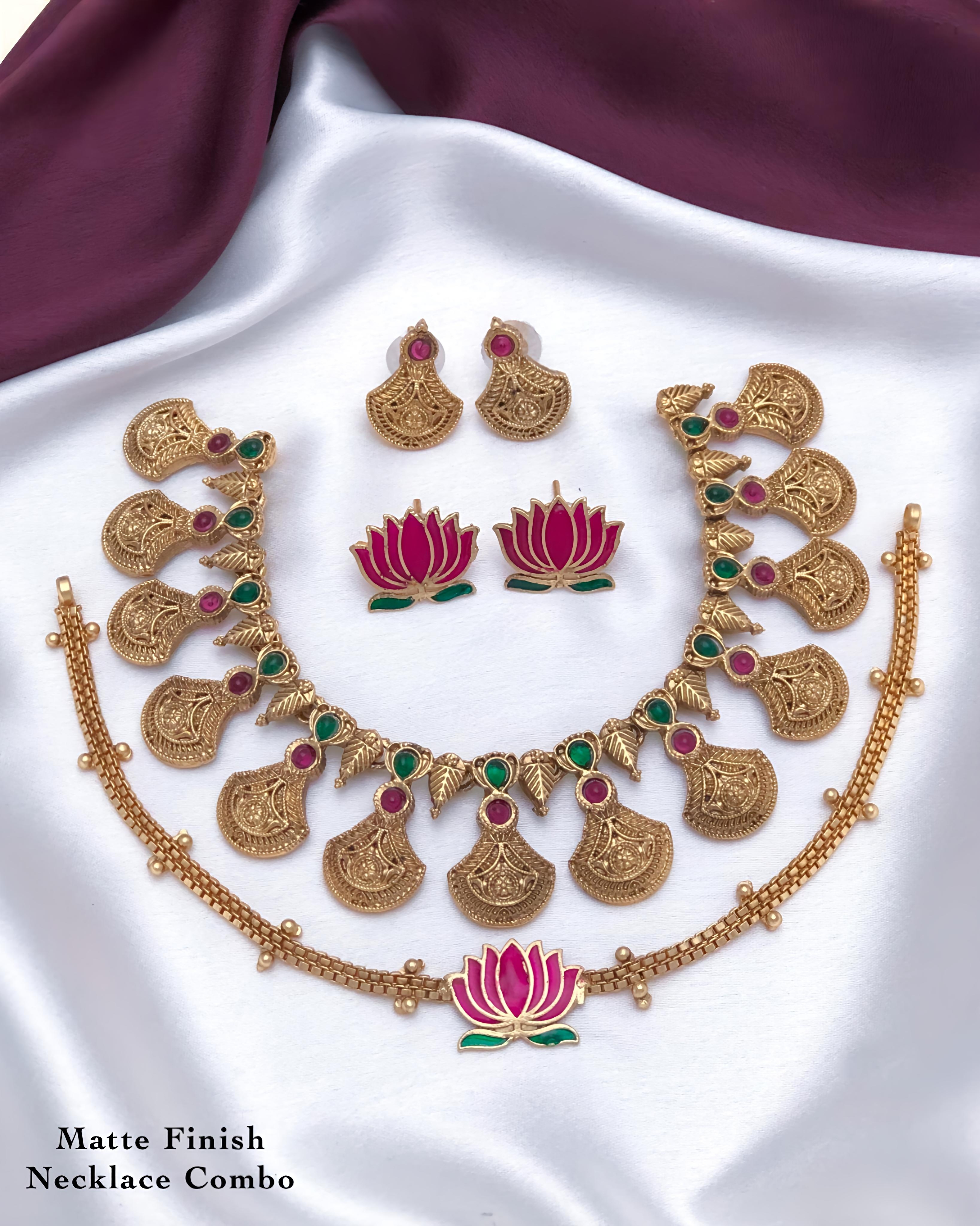 Antique Lotus and Lakshmi Necklace Combo matte finish 