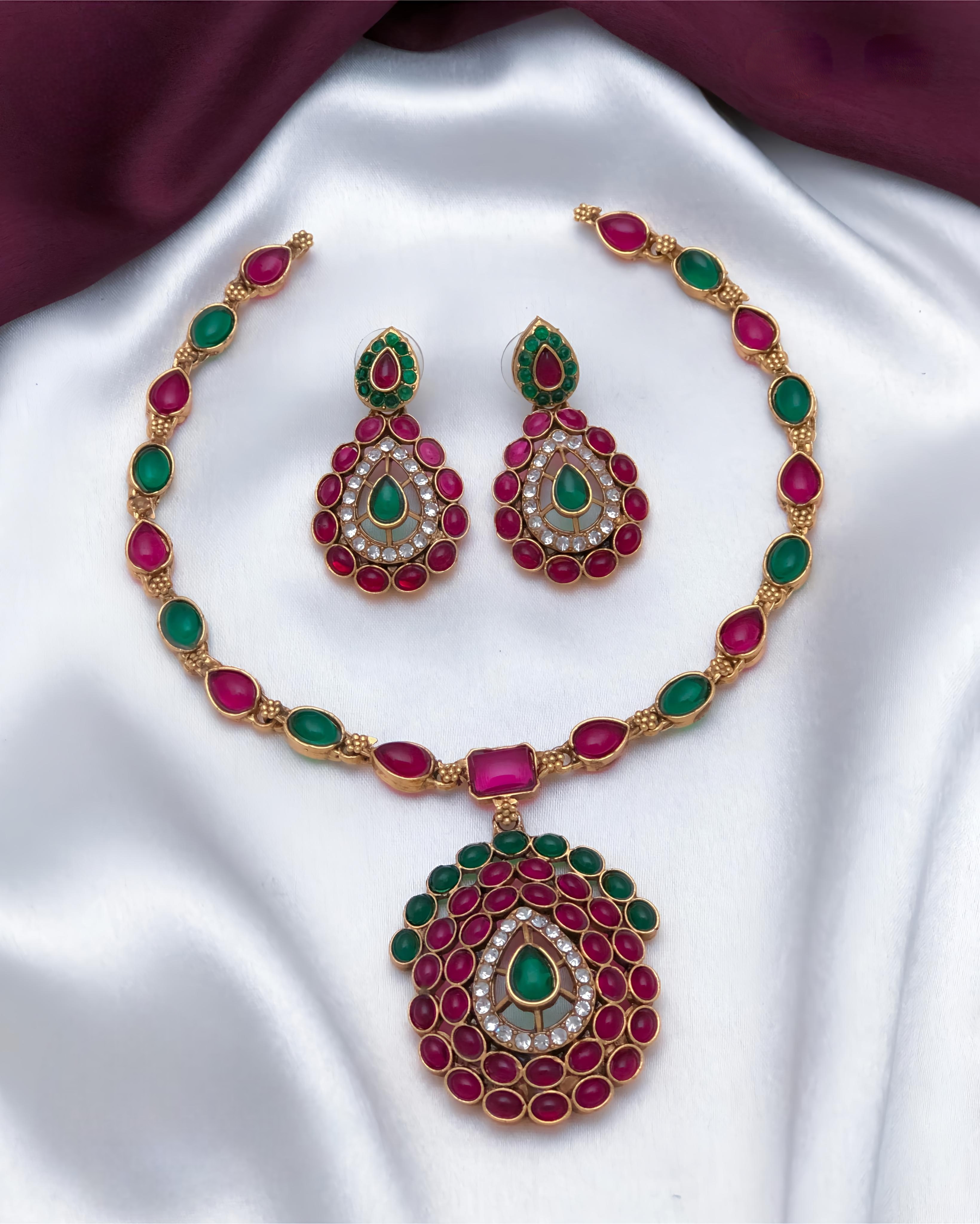 Elegant Ruby and Emerald Necklace Set