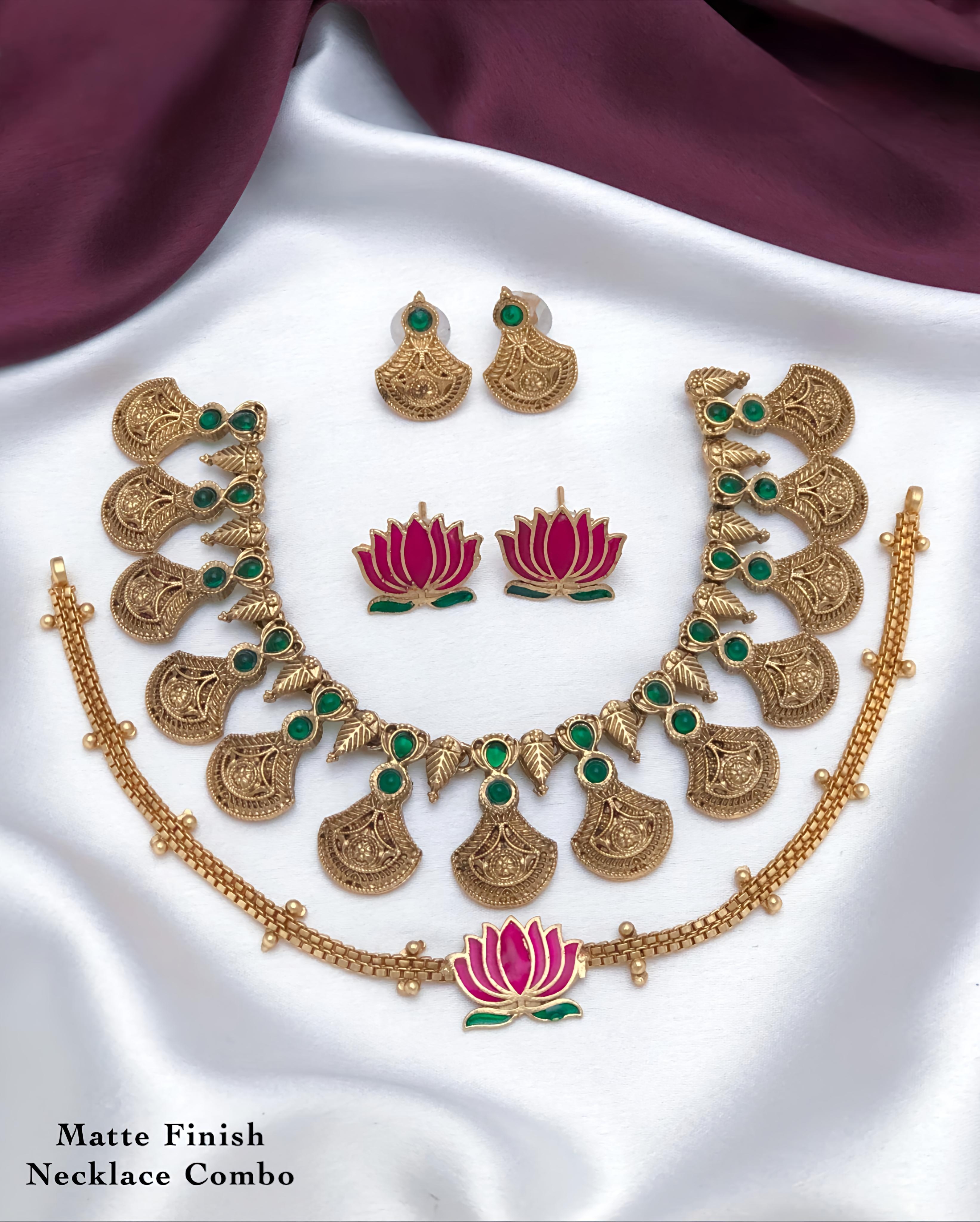 Antique Lotus and Lakshmi Necklace Combo matte finish 