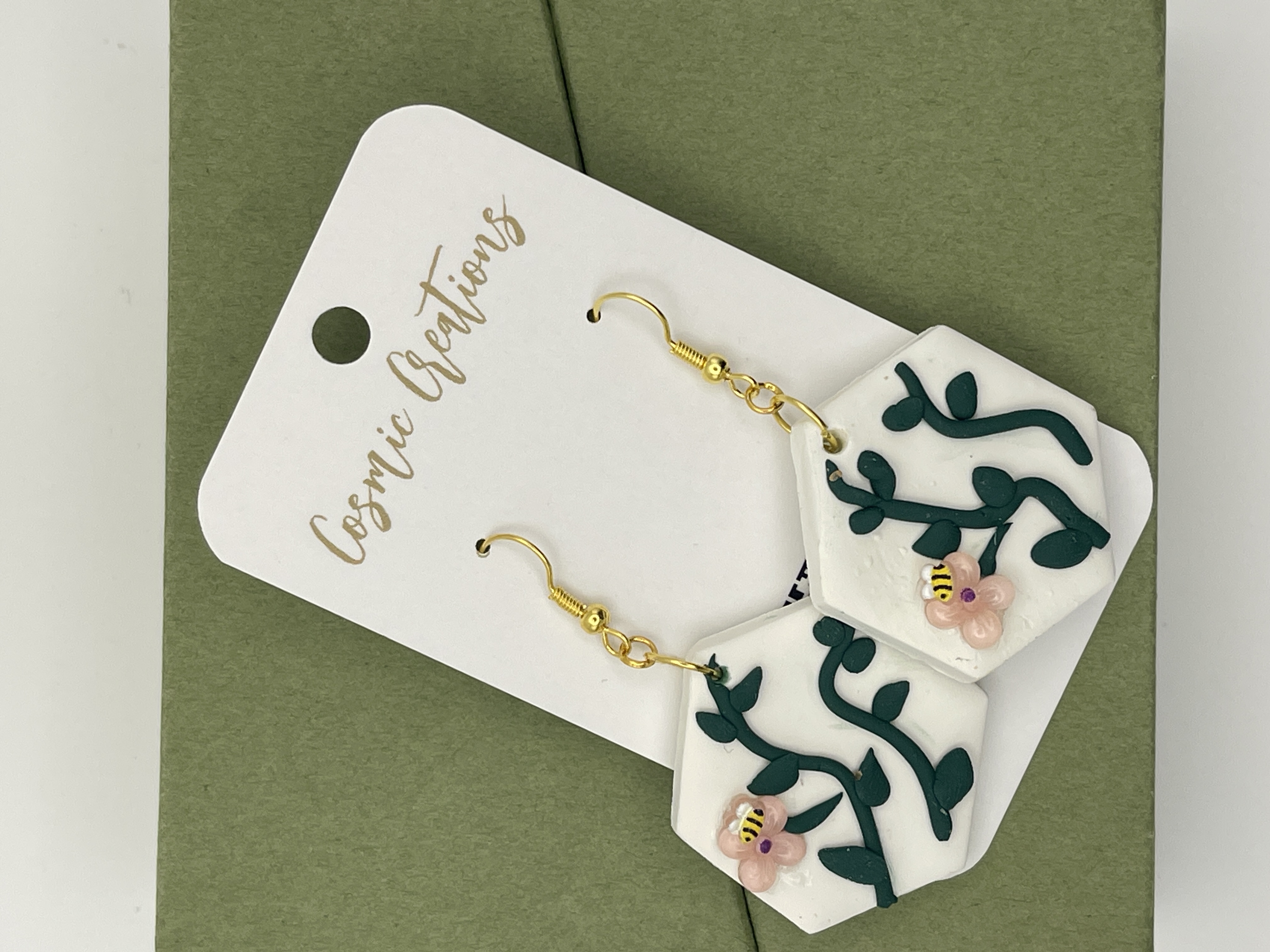 Hexagonal Floral Bee Earrings