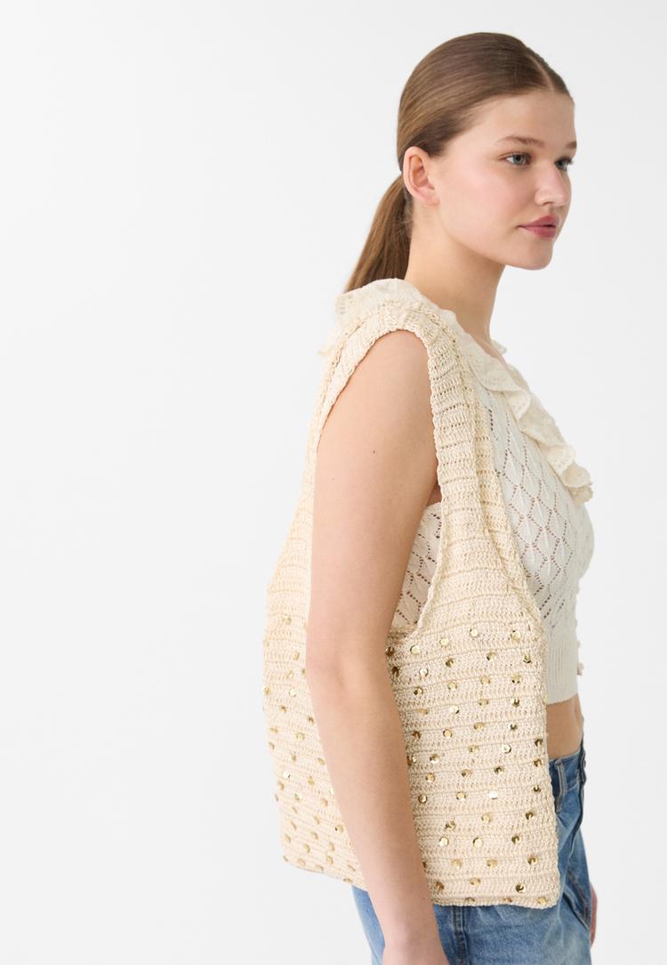 Sequinned crochet shopper bag